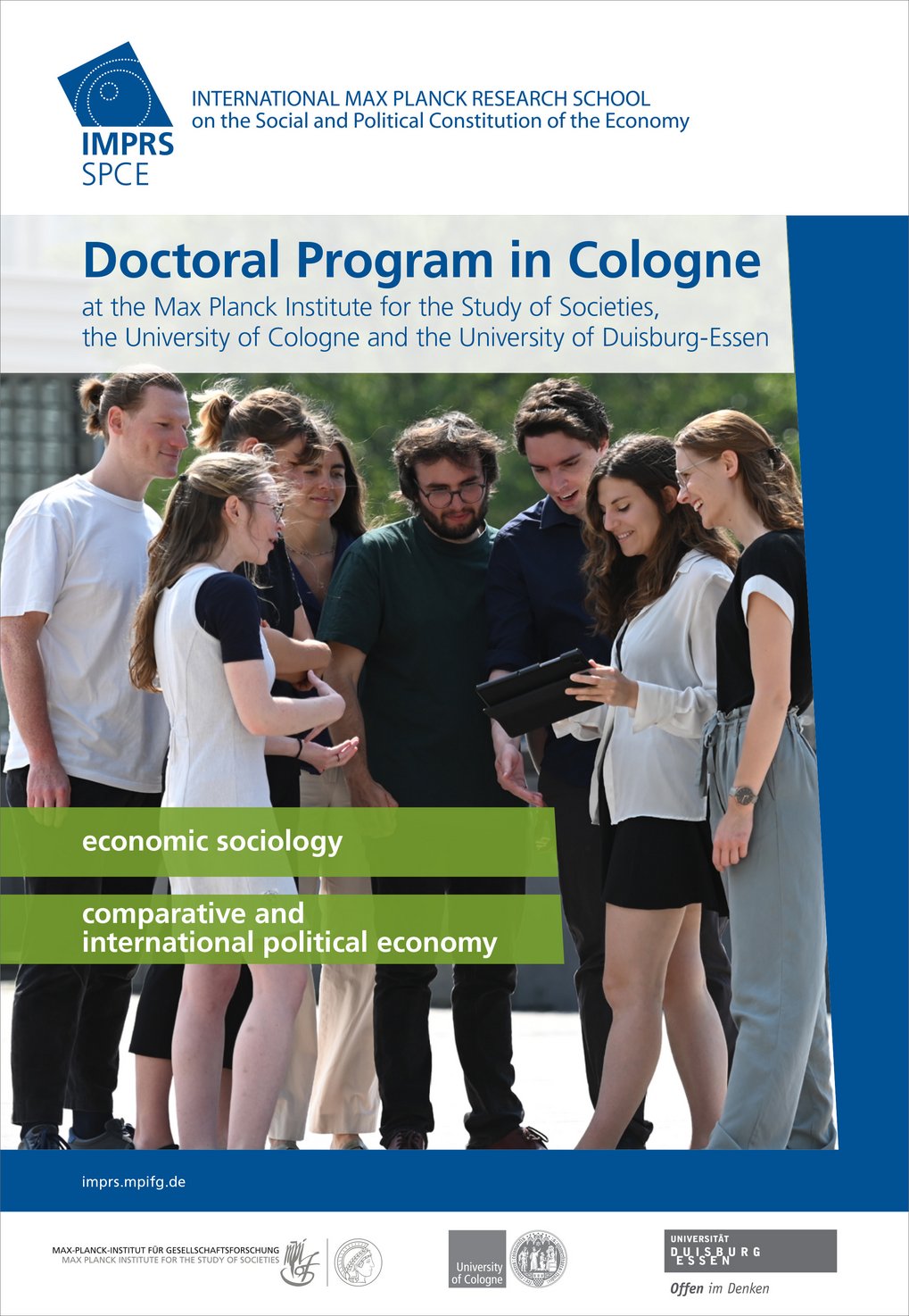 A group of people engaged in discussion, with text promoting a Doctoral Program in Cologne, highlighting areas of study such as economic sociology and political economy.