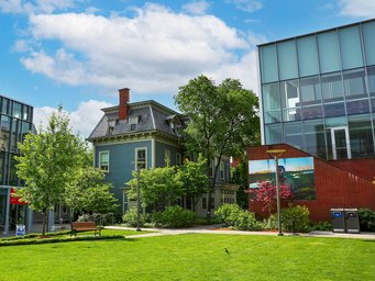 A green park area featuring a historic blue house and a modern glass building, with trees and a bench.