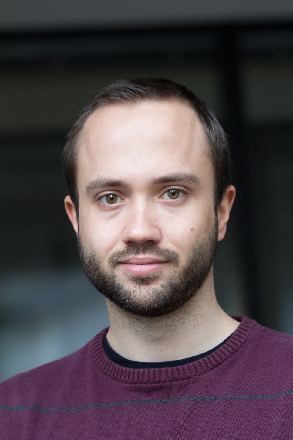A close-up portrait of a man with light brown hair and a beard, wearing a maroon sweater. He has green eyes and is smiling slightly.