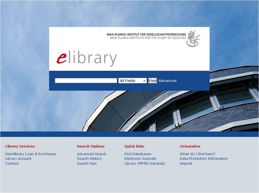 A webpage from the Max Planck Institute for the Study of Societies featuring an eLibrary search interface, with options for advanced searching and links to library services.