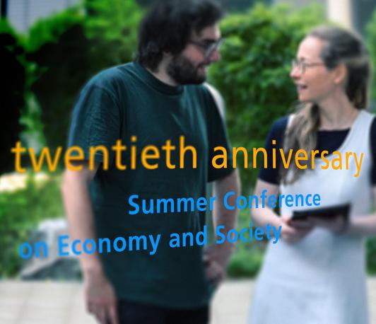 illustrative picture; two young persons talking to each other before a background of green bushes; in the foreground "twentieth anniversary - Summer Conference on Economy and Society"